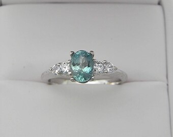 AAAA Blue Green Aquamarine 7x5mm .90 Carats in 14K white gold ring with White sapphire accents 1705