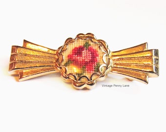 Vintage Needlepoint Pin, Gold Bar Brooch