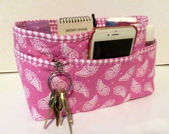 Purse Organizer Insert/Enclosed Bottom 4" Depth/ Pink and White Paisley