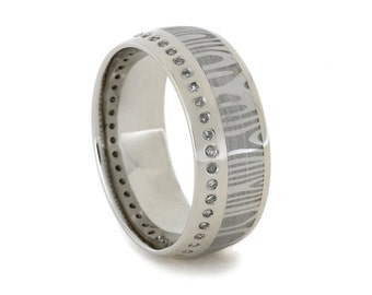 Diamond Eternity Band with Damascus Steel Ring in Solid 14k White Gold, Damascus Diamond Ring