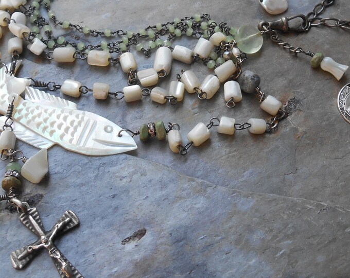 New Years Clearance Sale......She Works Hard for the Money Antique Sterling Mother pearl Fish Rosary Watch Fob