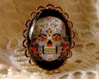 Sugar Skull Ring - Gold Plated Ring - Adjustable Ring - Dia de los Muertos - Day of the Dead Ring - Sugar Skull Jewelry - Skull Ring