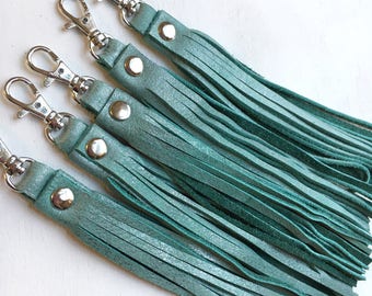 Leather tassel key chain, mermaid teal, aqua,purse charm, key fob, bag charm, key ring, zipper pull, antique bronze, nickel hardware, 6"