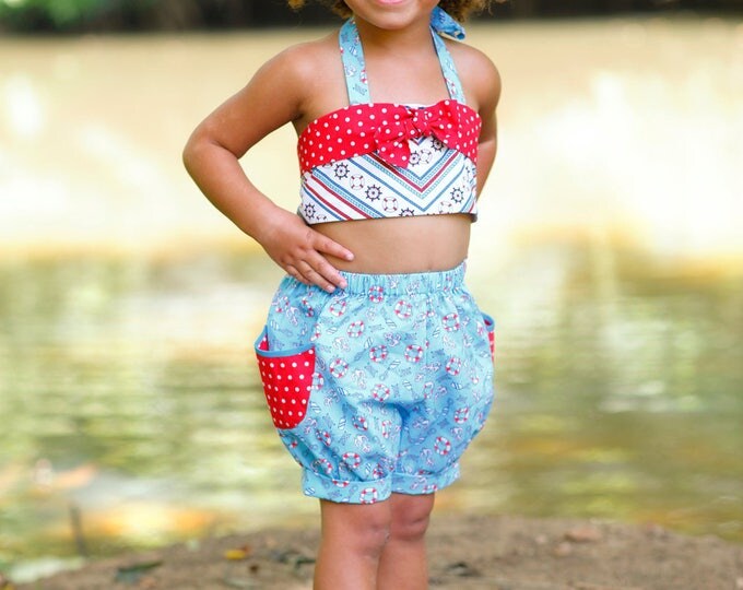 Little Girls Outfit - 4th of July - Toddler Swimsuit - Beach Birthday - Bubble Shorts Set - Halter Top - Swim Suit Cover Up - 2t to 8 years