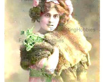 Vintage Print - WOMAN with Fur MUFF, SCARF, Portrait - French real colored photo Postcard- Art Nouveau- Happy New Year French greetings 1912