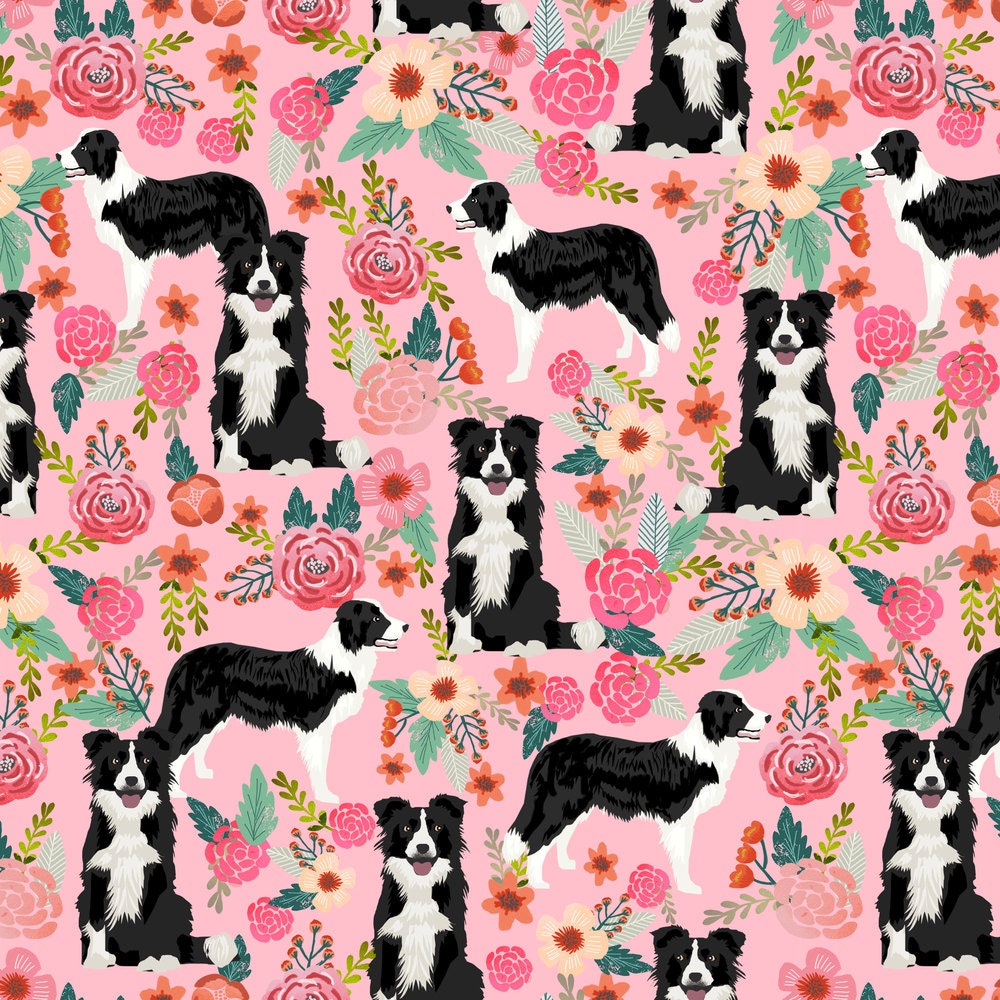 Border Collie Pink Floral Fabric Dog Floral Fabric By