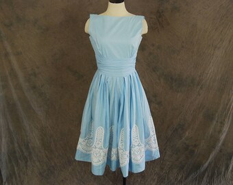 vintage 50s Dress - Lace Border Sundress - 1950s Blue Cotton Sun Dress Sz S