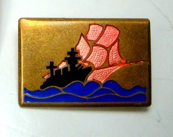 Nautical Battleship Pin, Side BY Side w Ancient War Sailing Ship Brooch, High Seas Military, Enamel on Brass