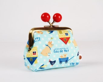 Metal frame coin purse with color bobbles - Eau de mer Pigs on blue - Color mum / Cute japanese fabric / Pink pigs red farm navy blue