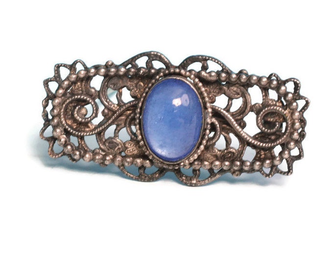 Blue Glass Cabochon Filigree Brooch Victorian Revival Vintage