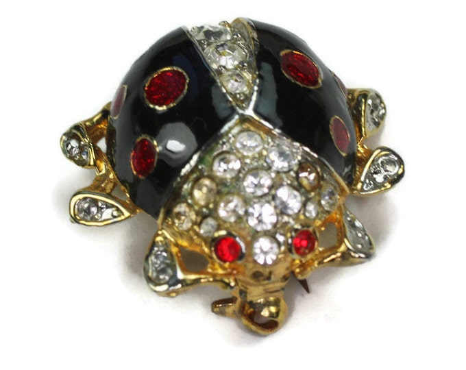 Black Enamel and Clear Rhinestone Ladybug Pin Brooch Vintage