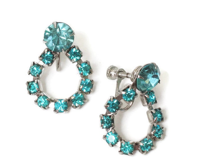 Turquoise Rhinestone Earrings Dangle Loop Screw Back Vintage