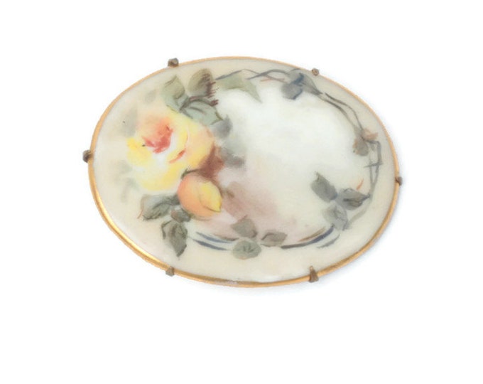 Victorian Porcelain Brooch Hand Painted Yellow Rose Florals Oval Gilt Trim Vintage