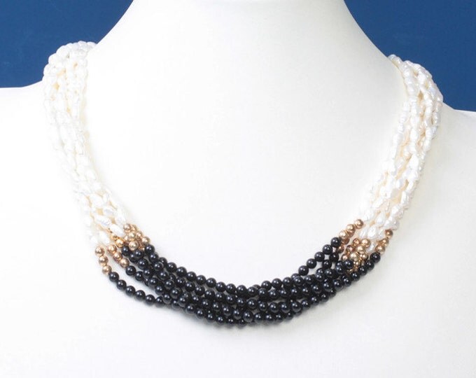 Freshwater Rice Pearl Black Bead Necklace Multi Strand Vintage