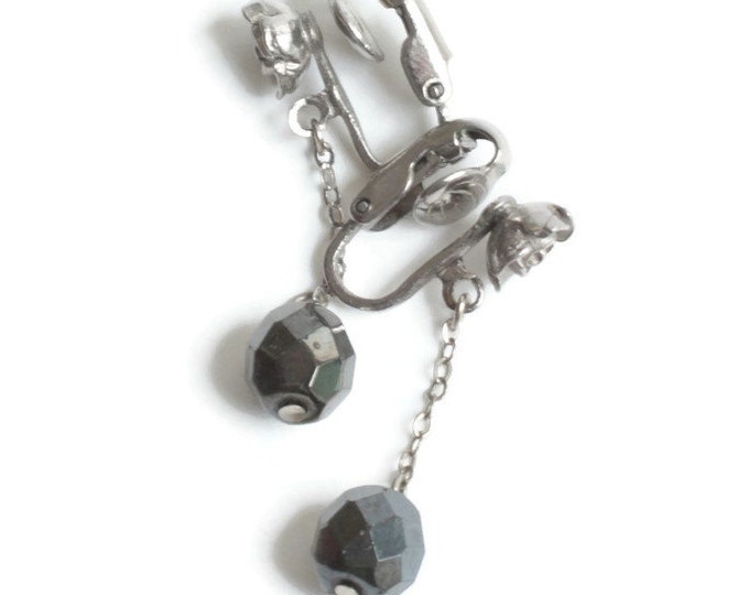 Dark Grey Dangle Earrings Rose Accent Hematite Clip On Vintage