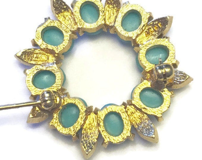 Simulated Turquoise Circle Pin Gold Tone Accents Designer Signed D'Orlan Vintage