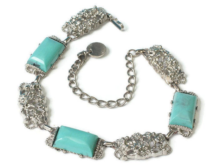 Turquoise Lucite Silver Tone Necklace Choker Chunky Vintage