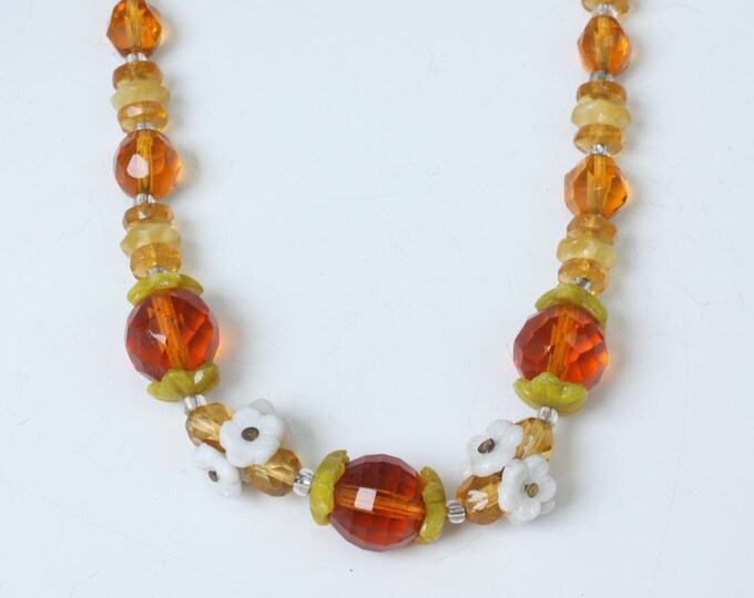 Czech Bohemian Amber Glass Bead Necklace Floral Accents Vintage