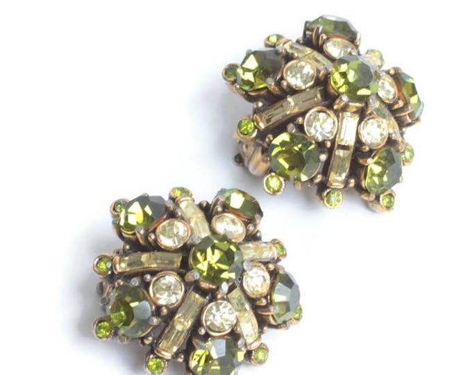 Hollycraft Green and Clear Rhinestone Earrings Star Shaped Vintage