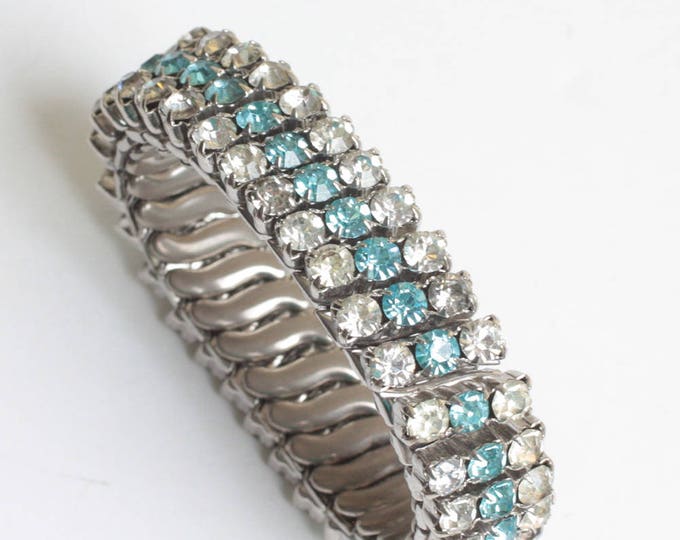 Turquoise and Clear Rhinestone Expansion Bracelet Vintage Stretch Bracelet