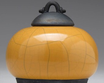 Ceramic jar,Raku Pottery,Lidded Jar,yellow gold and Black clay jar with lid,Raku Jar, art pottery,covered jar