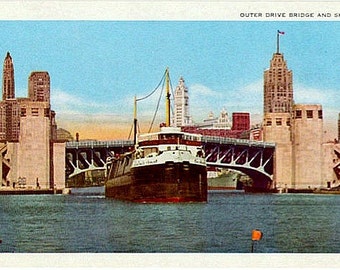 Vintage Chicago Postcard - Outer Drive Bridge and Chicago Tribune Boat (Unused)