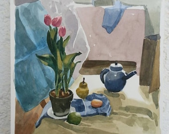 Tulips in the studio. Original watercolor painting