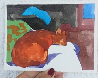 Orange cat resting- original watercolor painting