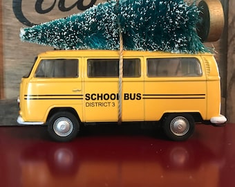 VW School Bus Carrying Christmas Tree Ornament