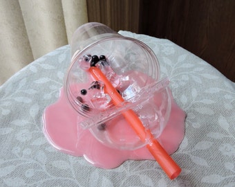Fake Drink Spilled Pink Boba Bubble Tea Gag Photo Prop Home Staging