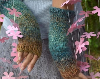 Fingerless gloves knit arm warmers variegated colors alpaca acrylic gift for her spring fashion mermaid colors girlfriend gift warm gloves
