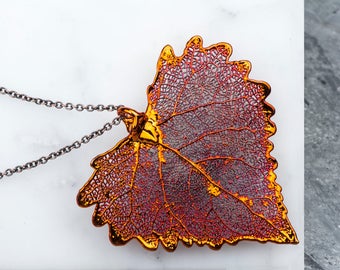 Dipped Copper Cottonwood Large Leaf Pendant Necklace, Red Heart Leaf Jewelry, Nature Jewelry, Extra Long Necklace Chain, Leaf Necklace