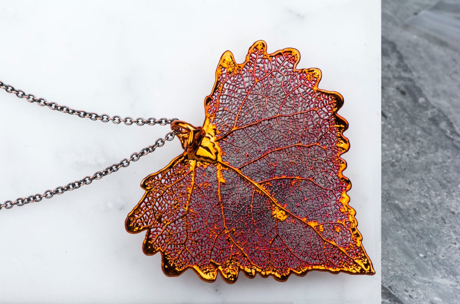 Dipped Copper Cottonwood Large Leaf Pendant Necklace Red