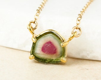 AAA Grade Watermelon Tourmaline Slice Necklace - Rose Gold - 14kt Gold Fill