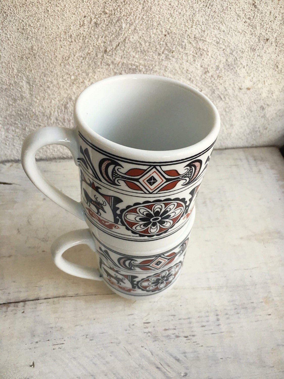 Vintage Southwestern mug set Native American inspired coffee cups brown