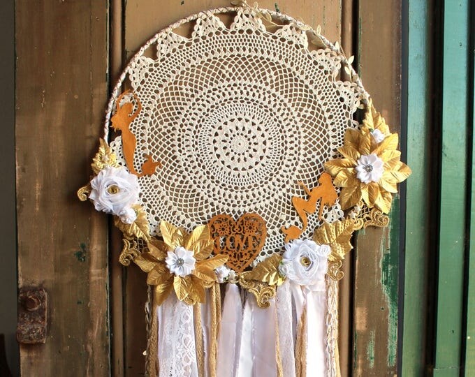 Lace Doily Dreamcatcher - Wall Art - Decor Item - Metallic Gold and White - Aphrodite's Dream - Boho Gypsy decor - Handmade in Australia