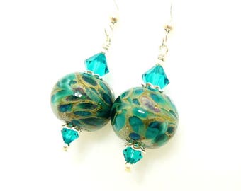 Teal Blue Earrings, Lampwork Earrings, Glass Bead Earrings, Beadwork Earrings, Glass Art Earrings, Unique Earrings