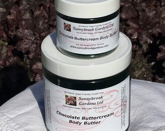 Chocolate Buttercream Body Butter, all natural, vegan, handcrafted with organic ingredients, two sizes for samples, gifts, travel & more!