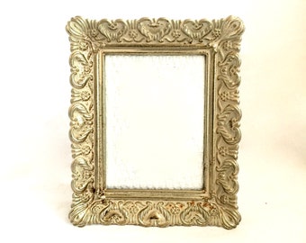 Small Ornate Metal Picture Frame / 3" x 4.5" Gold and Cream Hollywood Regency Frame