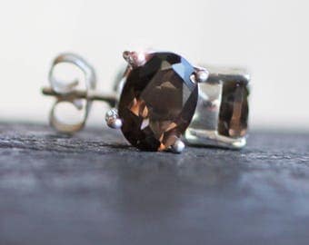 Tawny Mist - Smokey Topaz, Smokey Quartz Drop Sterling Silver Stud Earrings