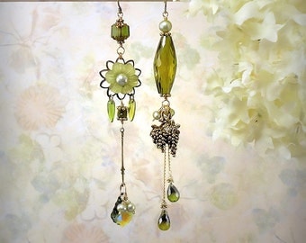 OOAK Vineyard Fantasy Olive Green Earrings Green Asymmetrical Earrings Ethereal Green Earrings Grapes Vineyard Wedding Apple Green Earrings