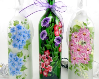 Lighted Wine Bottle Flowers Hand Painted 750 ml MADE TO ORDER (ships in 3-5 days)