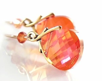 Orange Crystal Earrings 14k Gold Filled Hooks RARE Bead Swarovski Crystal Orange Dangle Earrings Red Orange Drop Earrings Crystal Jewelry