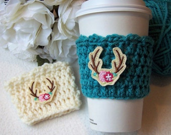 Crochet Coffee Cozy - Antlers and Flowers