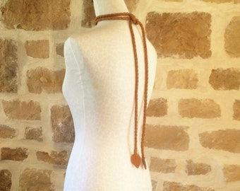 camel tan brown leather braided belt necklace by Tuscada. Ready to ship.
