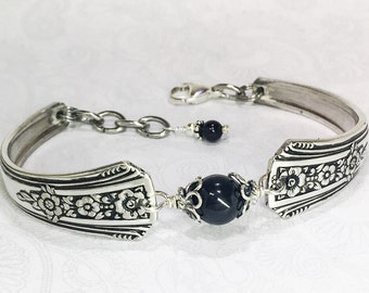 Vintage Spoon Bracelet, Spoon Jewelry, Black Onyx Gemstone, Silverware Bracelet - 'Fortune' 1939