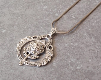 Rose Necklace Sterling Silver Marcasites Vintage AT0012