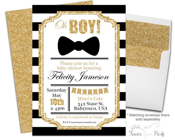 Striped Boys Baby Shower Invitations, Black and Gold Invitation, Baby Shower Invitation Boy, Oh Boy, Glitter Baby Shower, Printing Service Il_570xn