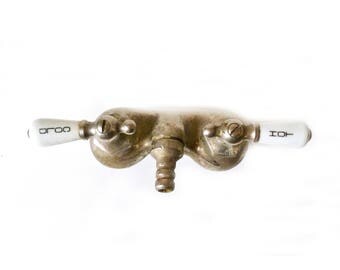 Vintage Porcelain and Chrome Faucet … Hot and Cold Handles, Antique Bathroom Supplies, Hardware, White Handles, Vintage Bathtub Fixture
