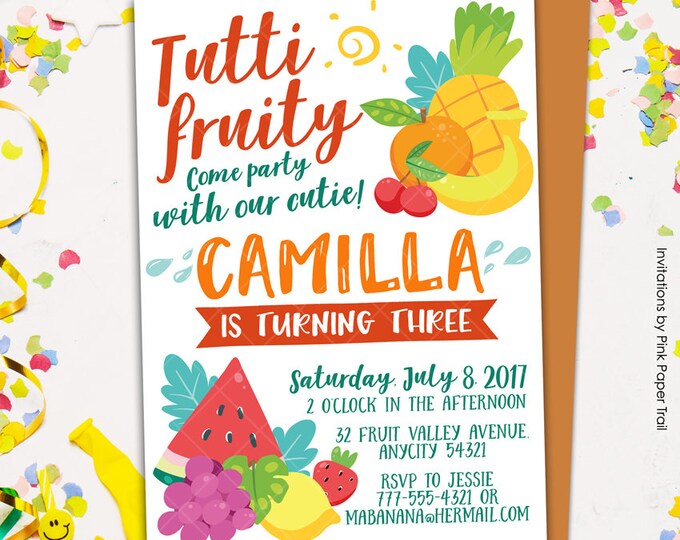 Tutti Fruity Birthday Invitation, Tropical, Fruity Party, Pineapple Watermelon Orange Lemon Stawberry Birthday Party Printable Invitation